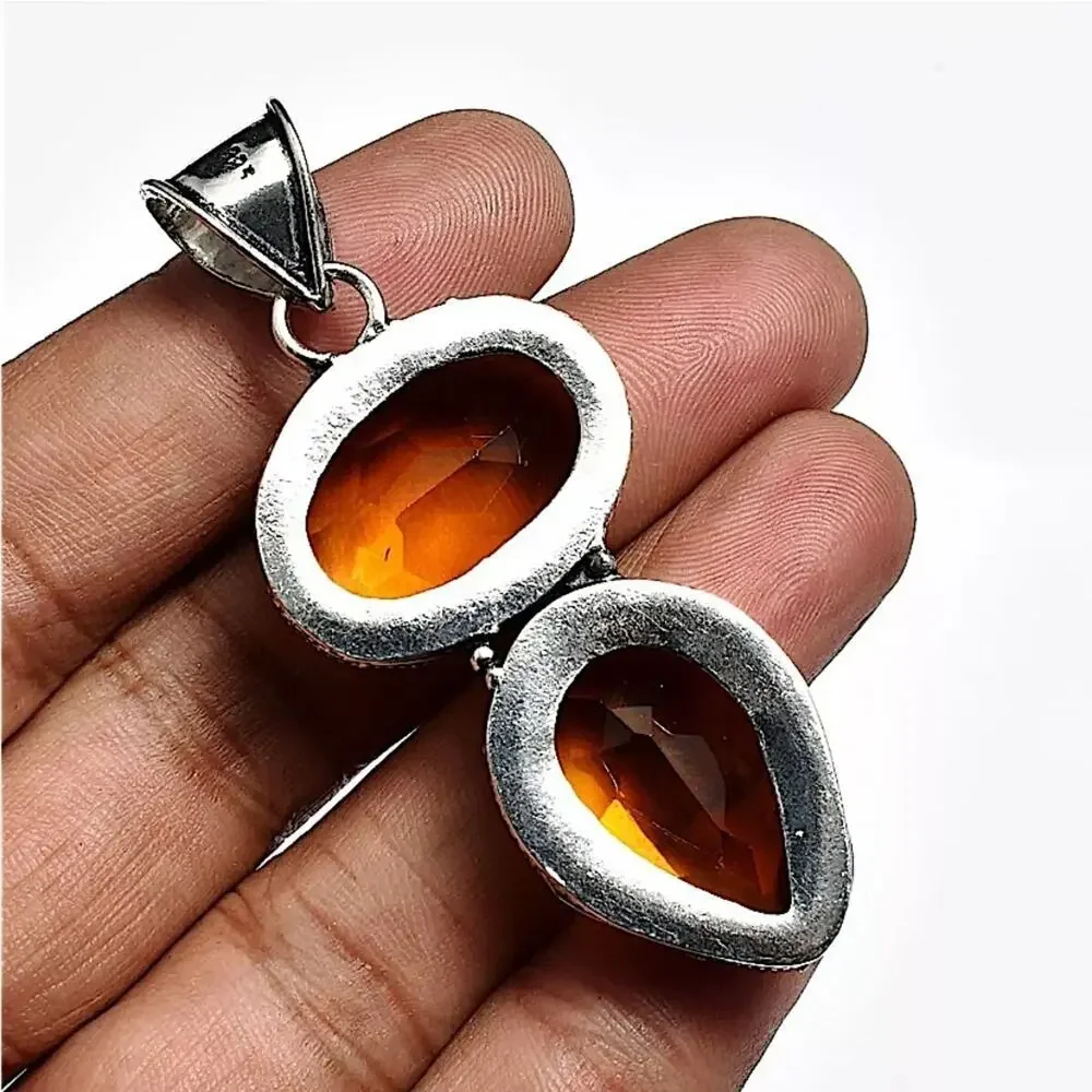 Antique Citrine Pendant Necklace, Sterling Silver, Charm Gemstone, Stat…